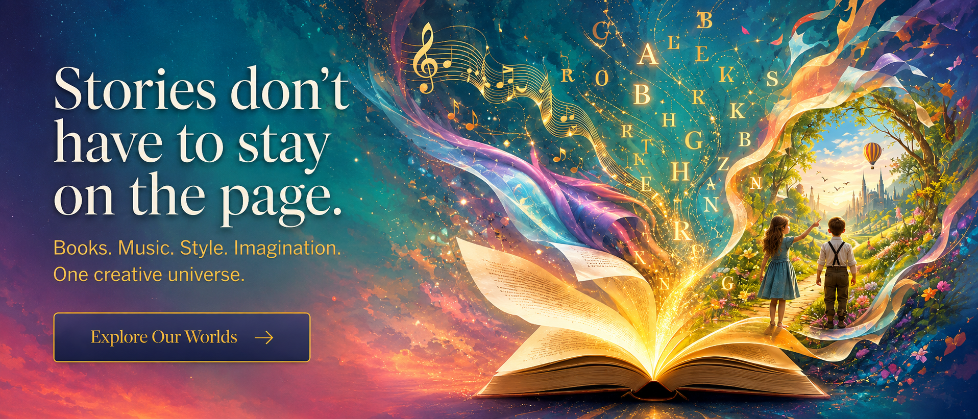 Stories don't have to stay on the page. Books, music, style and imagination flow from an open book into a colorful creative world.